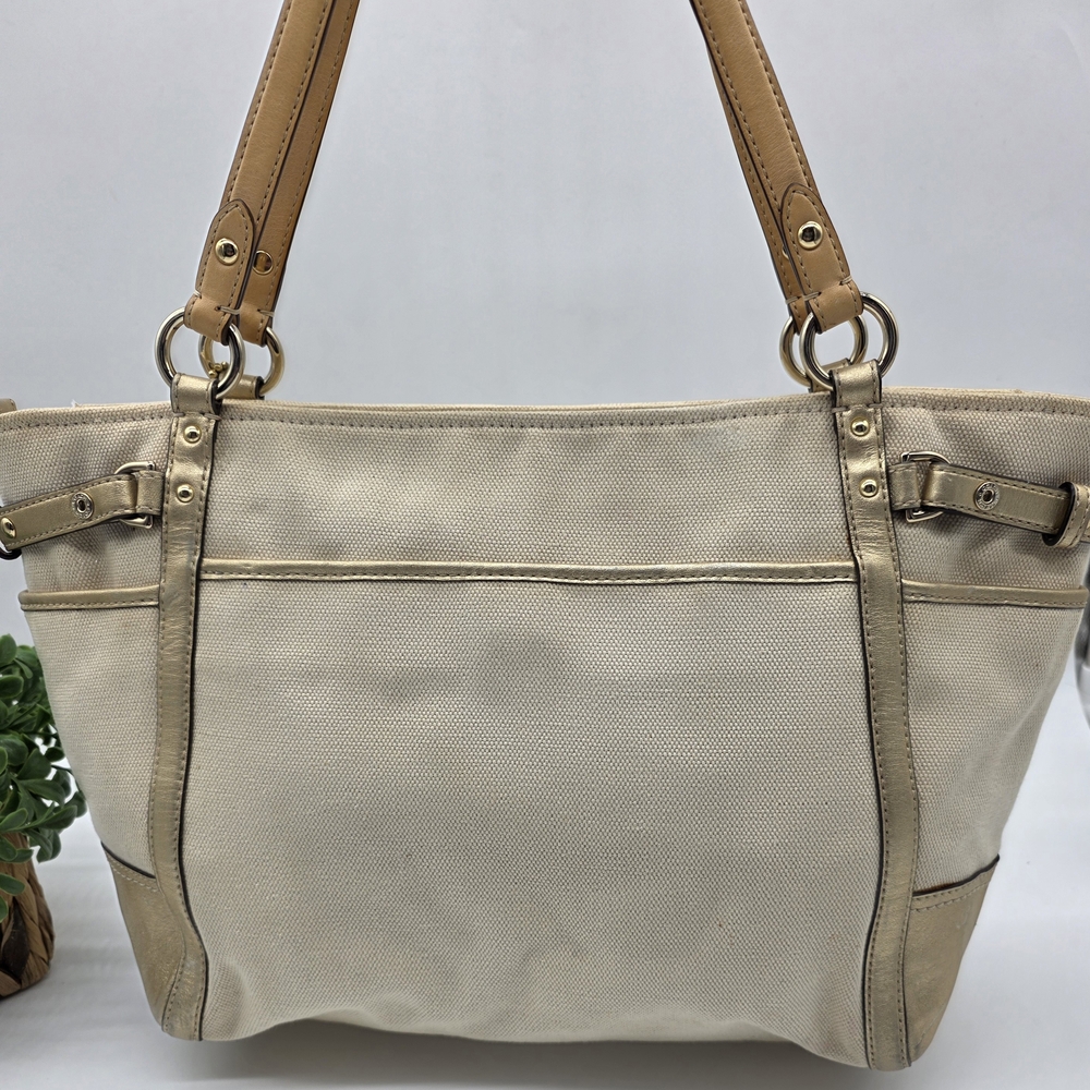 COACH Natalie Metallic Gold Bag Beige Cream Canvas Leather Tote Purse Bag 16756 - Picture 13 of 13